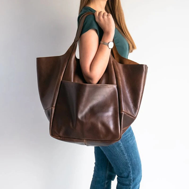 Duża skórzana torba shopper z kieszenią