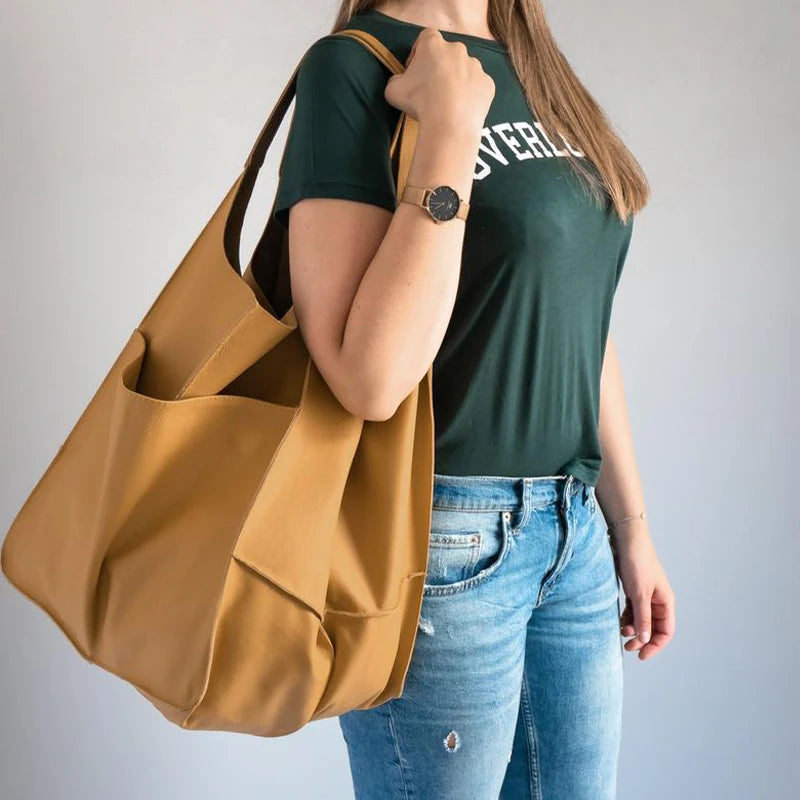 Duża skórzana torba shopper z kieszenią