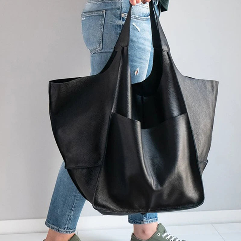 Duża skórzana torba shopper z kieszenią