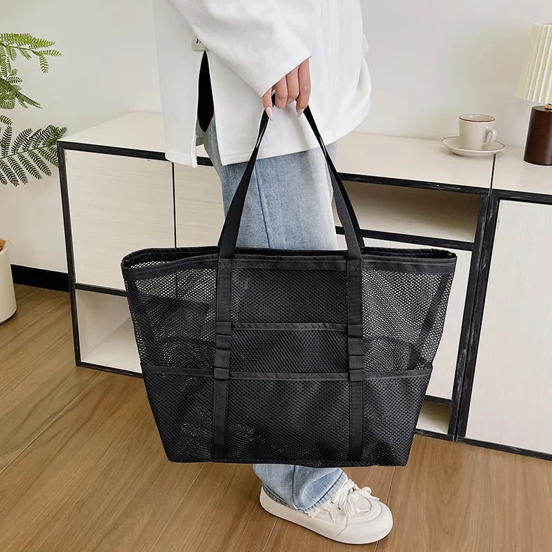 Półprzezroczysta torba plażowa shopper z siateczki