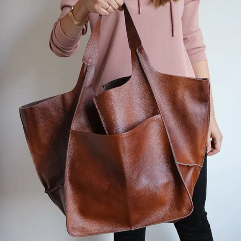 Duża skórzana torba shopper z kieszenią