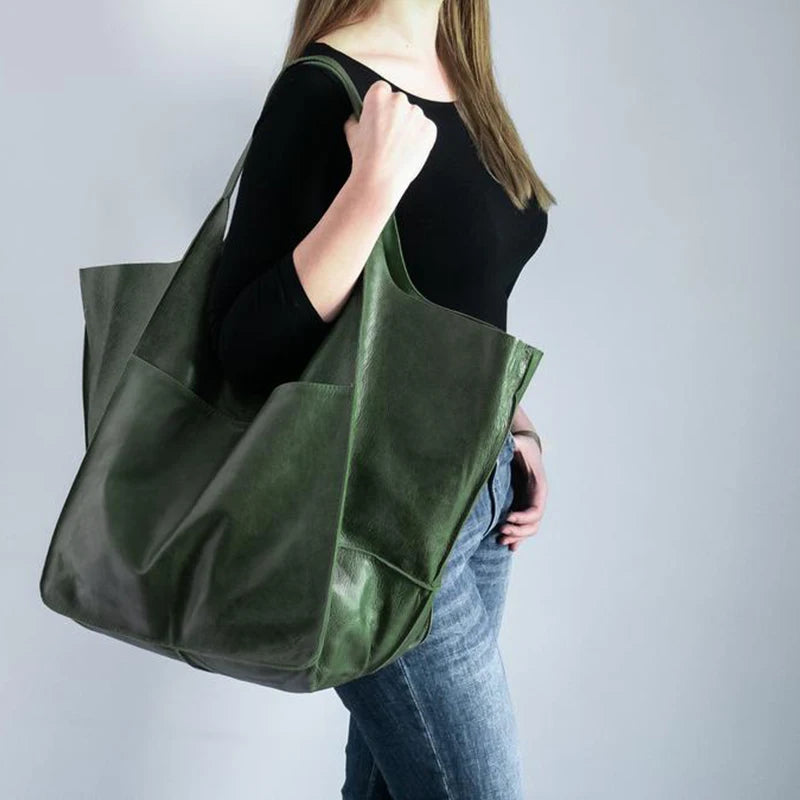 Duża skórzana torba shopper z kieszenią