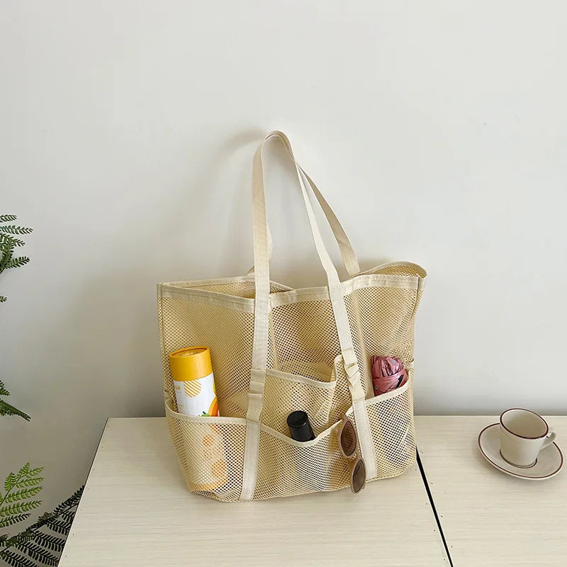 Półprzezroczysta torba plażowa shopper z siateczki