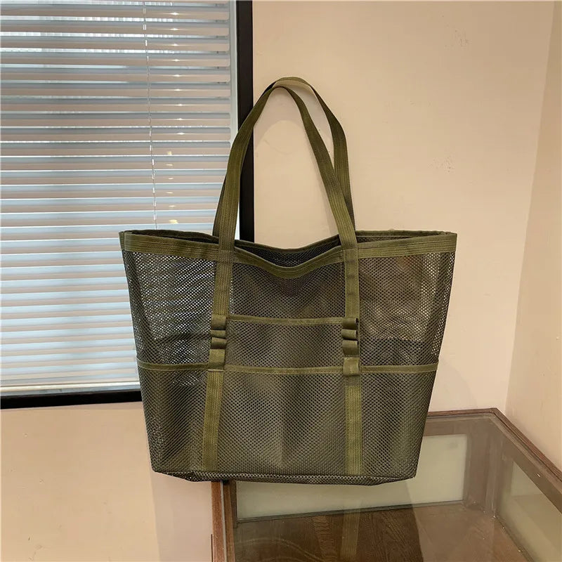 Półprzezroczysta torba plażowa shopper z siateczki