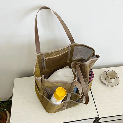 Półprzezroczysta torba plażowa shopper z siateczki